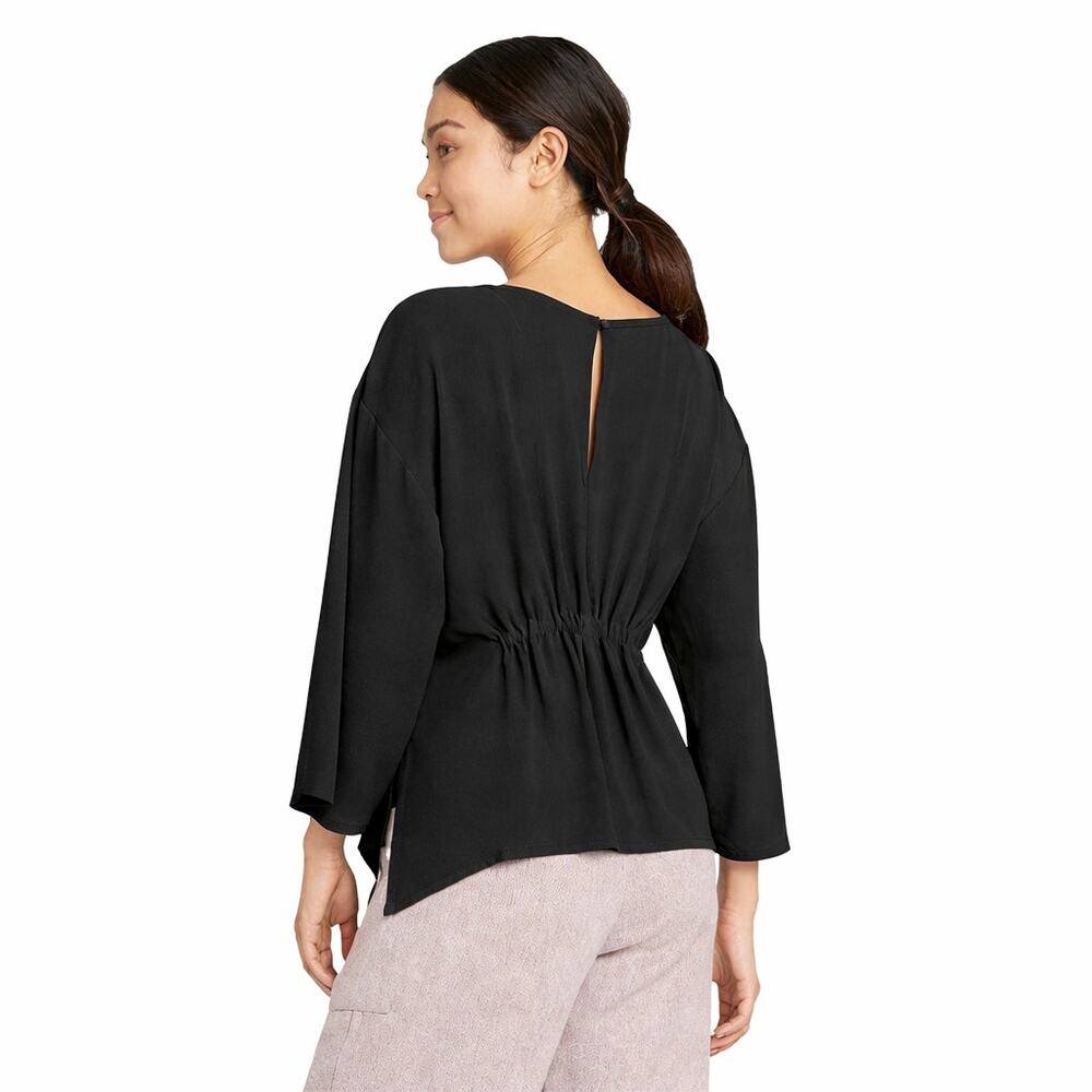 Black Pleated Blouse Pintuck 3/4 Sleeve Stretch Woven Minimalist Small Workwear - Picture 2 of 15